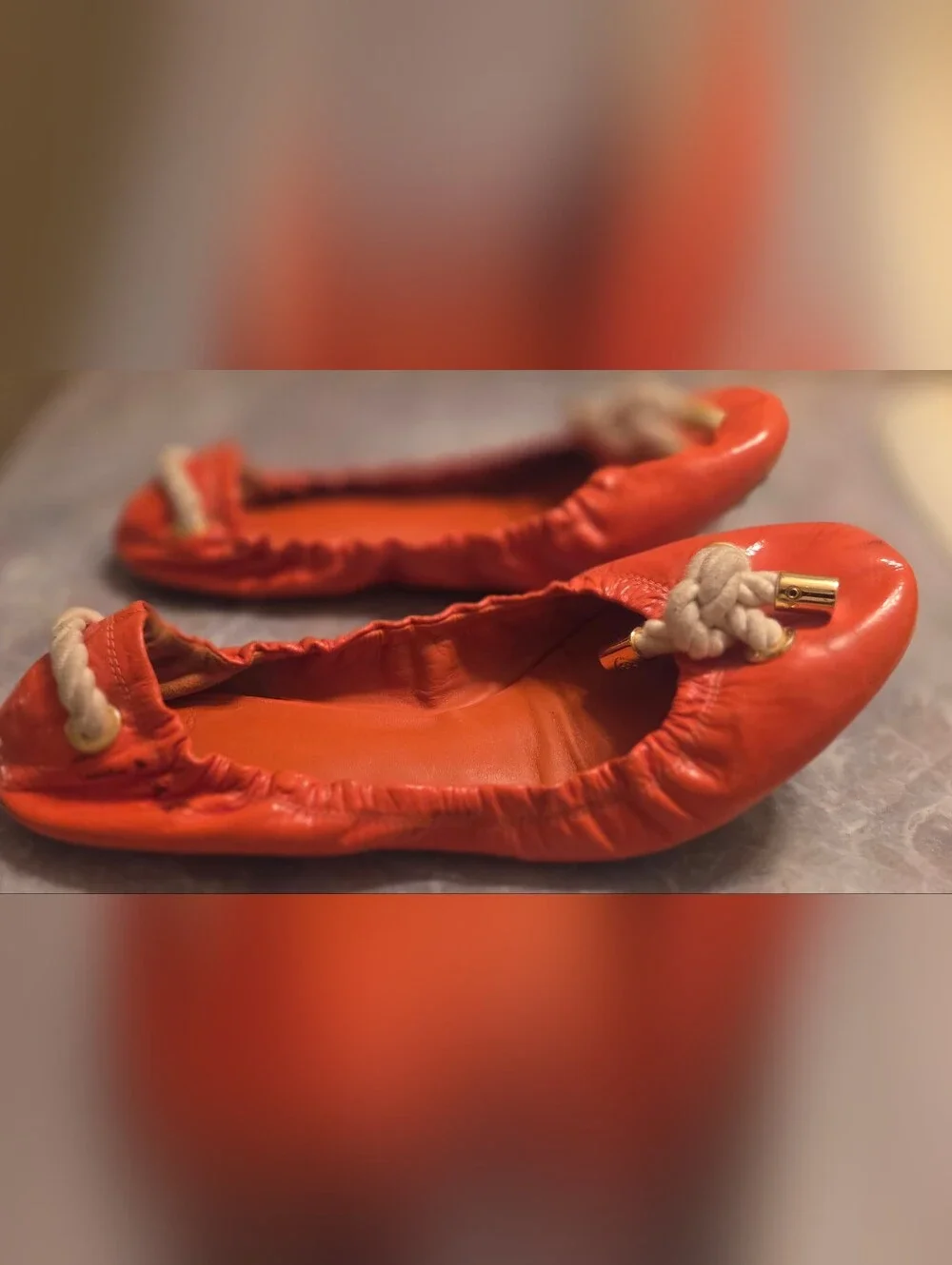 Tory Burch Orange Leather Rope-Tie Ballet Flats